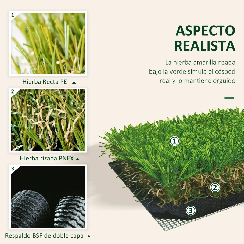 Outsunny Césped Artificial 30 mm Rollos de 1x4 m Realista para Terraza Jardín Balcón con Orificios de Drenaje Alta Densidad Verde