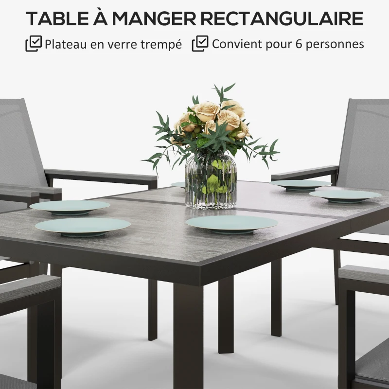 Outsunny Salon de jardin 7 pièces avec 1 table à manger et 6 chaises - plateau en verre trempé effet grain de bois, gris
