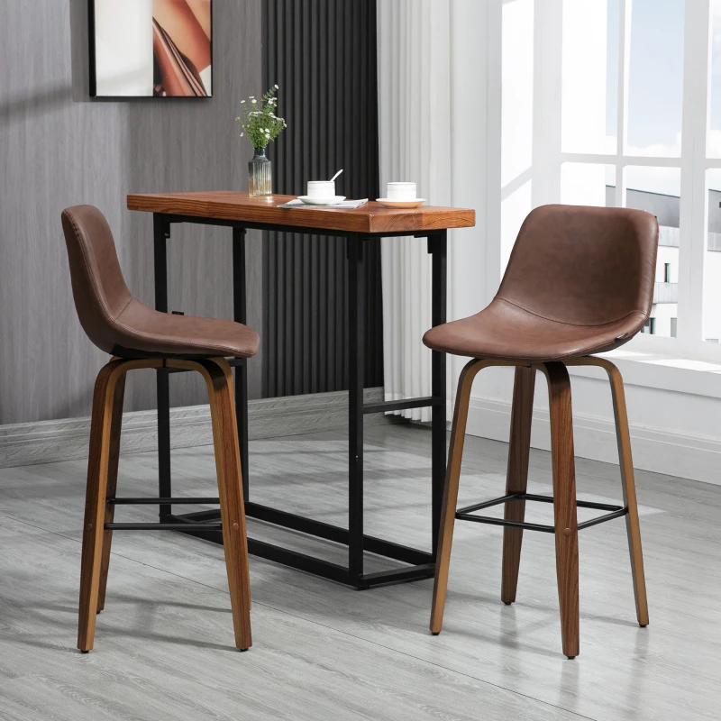 HOMCOM Bar Stools Set of 2, Breakfast Bar Chairs, PU Leather Upholstered Kitchen Stools with Backs and Wood Legs, Brown