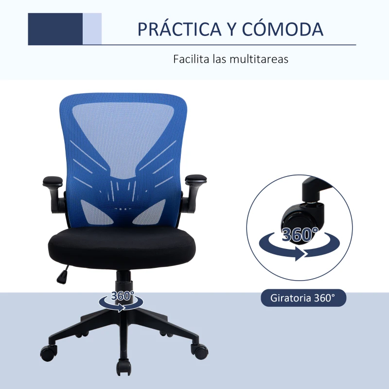 Vinsetto Silla de Oficina Ergonómica Silla de Juvenil con Altura Ajustable Reposabrazos Abatible y Soporte Lumbar Transpirable 62x59x99-107 cm Azul y Negro