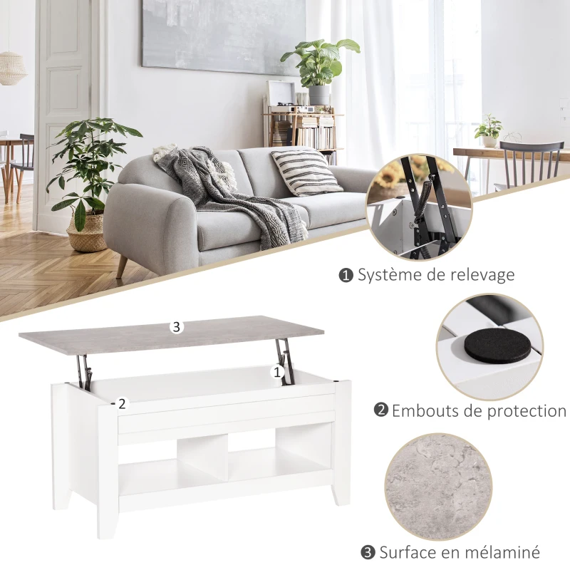 HOMCOM Table basse plateau relevable, table de salon avec étagères et compartiment caché,105 x 50 x 49-62,5 cm pour salon, chambre, aspect marbre gris