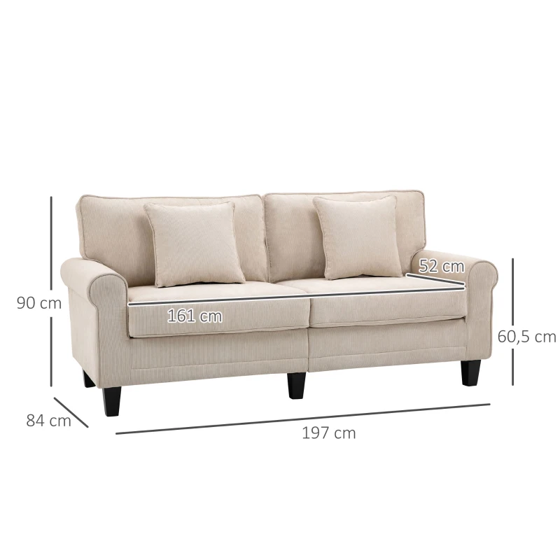 HOMCOM Canapé 3 places en tissu velours côtelé, canapé salon, 197 cm, avec accoudoirs et dossier rembourrées, canapé avec 2 oreillers, pieds en bois massif de pin, pour salon, chambre, bureau, beige