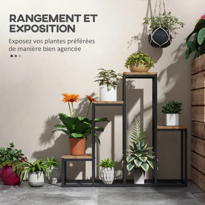 Outsunny Étagère à plantes étagère à fleurs en métal et bois 4 niveaux de différentes hauteurs style industriel 80 x 20 x 74 cm