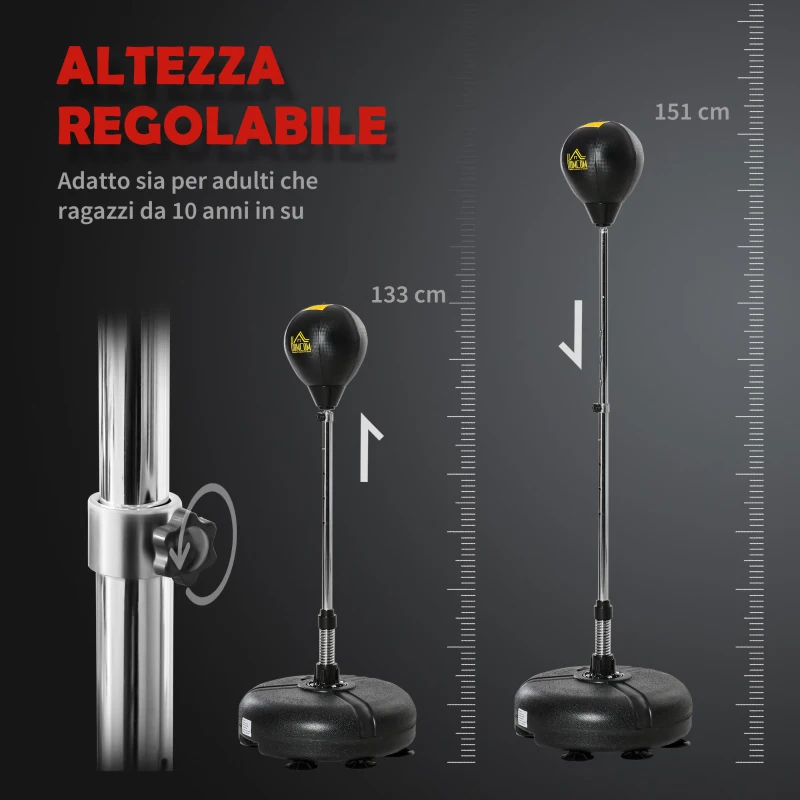 HOMCOM Sacco da Boxe ad Altezza Regolabile, Guanti Inclusi, in PE e Metallo, 45x45x133-151cm, Oro