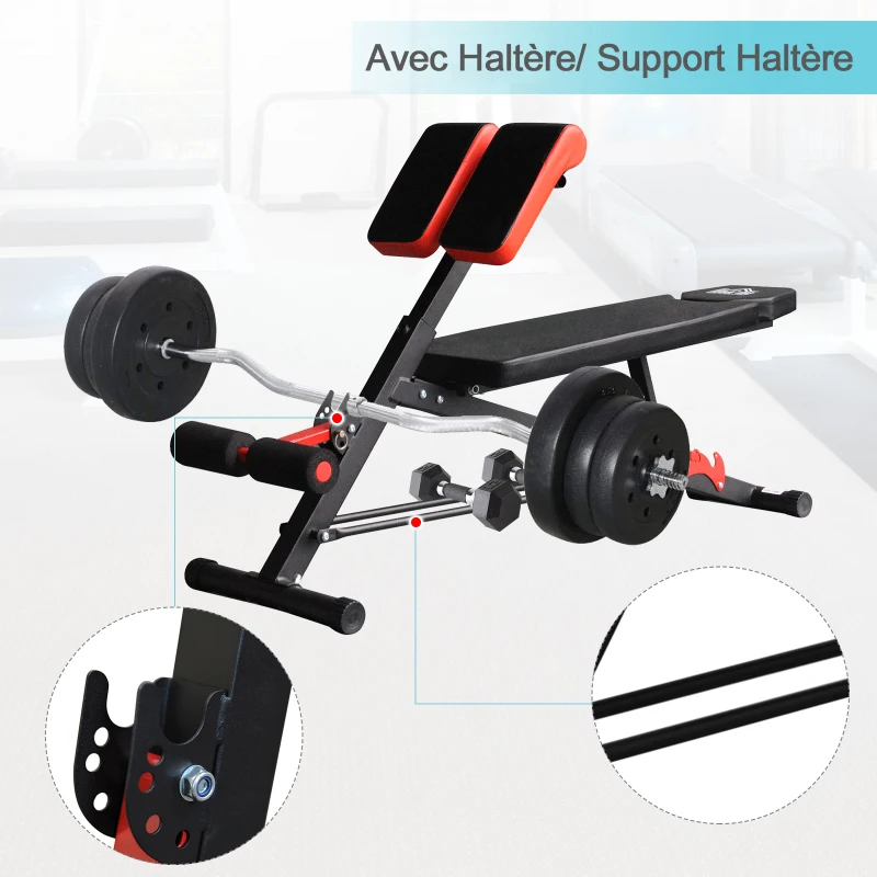HOMCOM Banc de musculation 150L x 150l x 76H cm hauteur coussin abdominal réglable 7 niveaux dossier rembourré acier noir rouge