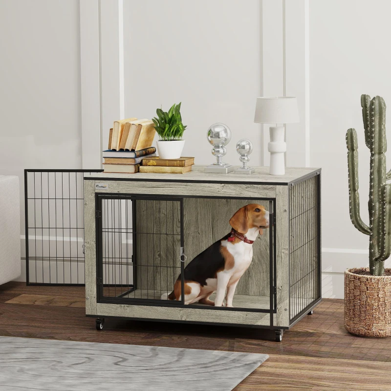 PawHut Dog Crate Furniture with Wheels, Double Doors, for Medium Dogs, Grey