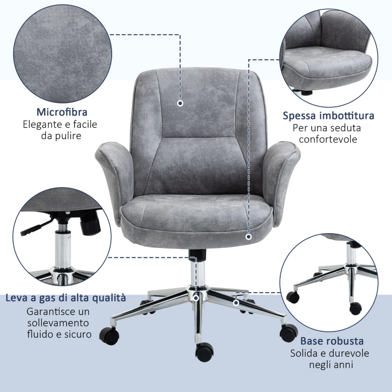 Vinsetto Sedia da Ufficio Ergonomica Altezza Regolabile e Dondolo, Rivestimento in Microfibra, 67x69x92-102cm, Grigio Chiaro