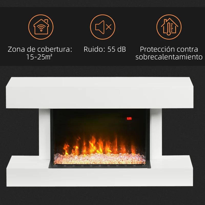 HOMCOM Chimenea Eléctrica 1000W/2000W con Temperatura Ajustable Silencioso Temporizador 15-25 m² 98x27x54,5 cm Blanco