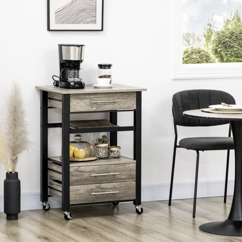 HOMCOM Carrello da Cucina Portavivande con 3 Cassetti e Mensola, Mobiletto Multiuso in Legno Truciolare, 60x50x84.5cm, Quercia