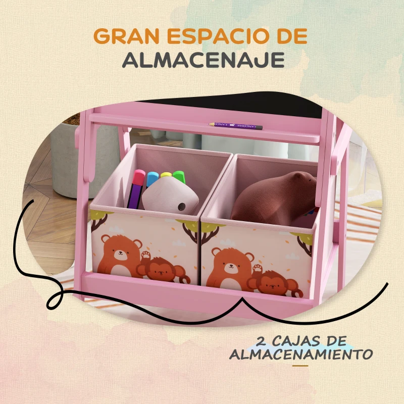 AIYAPLAY Pizarra Infantil de Doble Cara con 2 Cajas de Tela Caballete de Pintura para Niños con Estampado de Animales Rosa