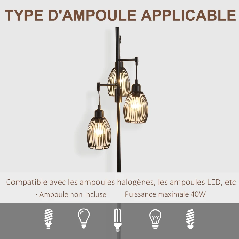 HOMCOM Lampadaire style industriel 40 W max. 3 abat-jours en métal filaire luminosité réglable - ampoule E27 - noir