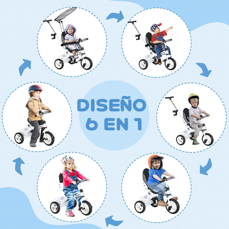 HOMCOM Triciclo para Bebés de +12 Meses con Toldo Plegable Mango de Empuje Telescópico y Desmontable y Portabotellas Blanco