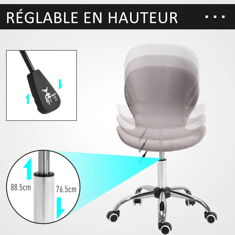 HOMCOM Tabouret à roulette chaise de bureau design contemporain hauteur réglable pivotant 360° piètement chromé velours gris