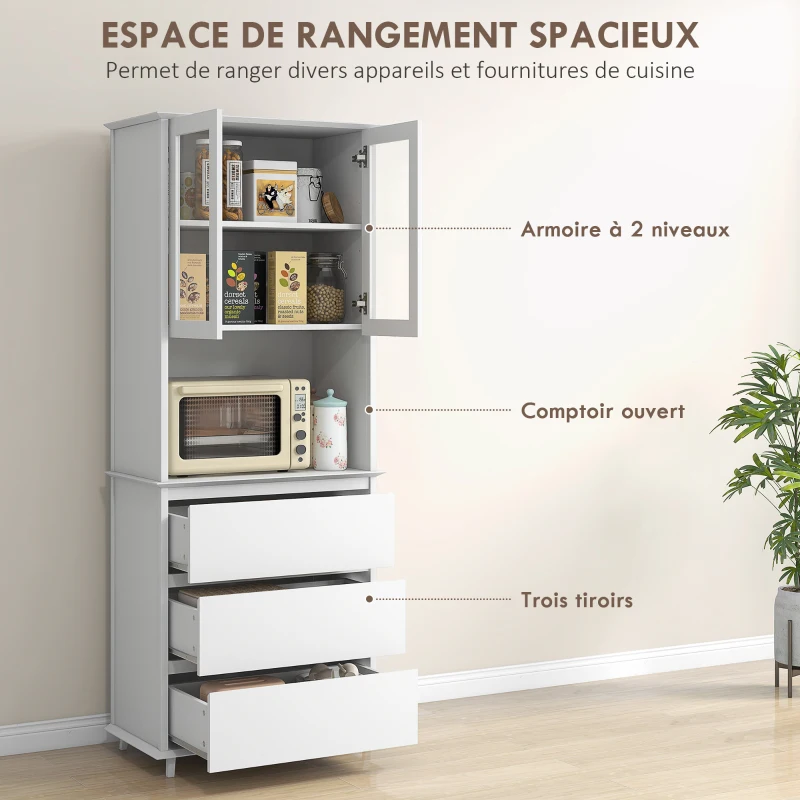 HOMCOM Buffet de cuisine meuble de rangement placard 2 portes 3 tiroirs et niche centrale dim. 68L x 38l x 172H cm MDF blanc(m-4)