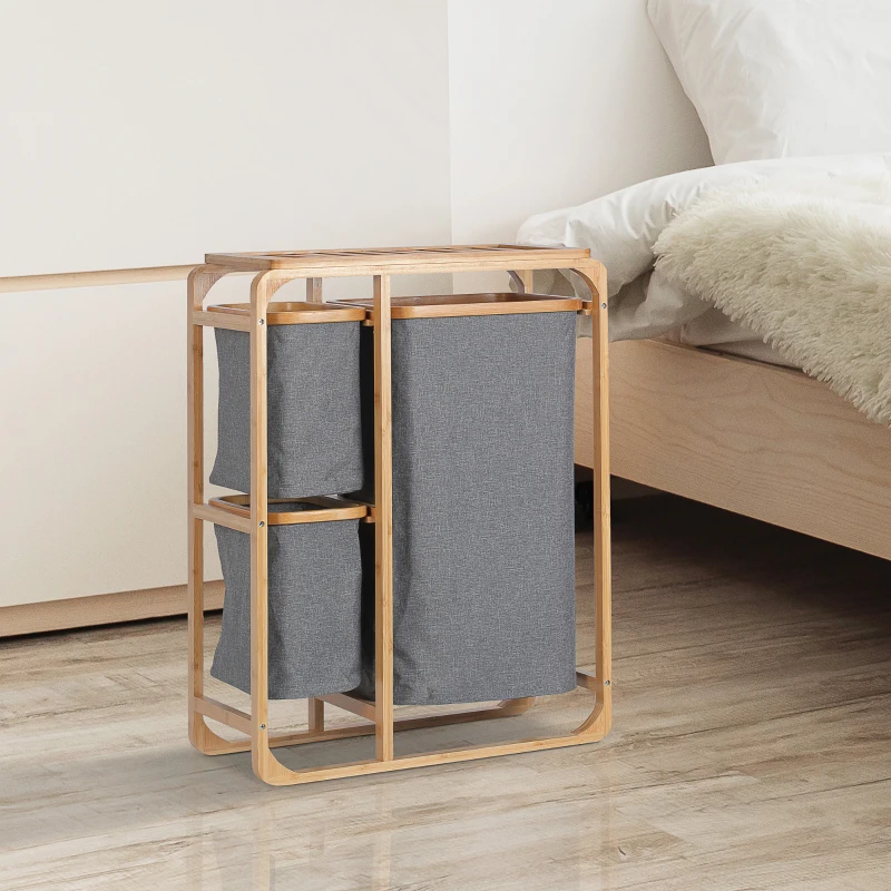 HOMCOM Cesto Portabiancheria con 3 Scomparti in Tessuto e Bambù, 50x32x69.7cm