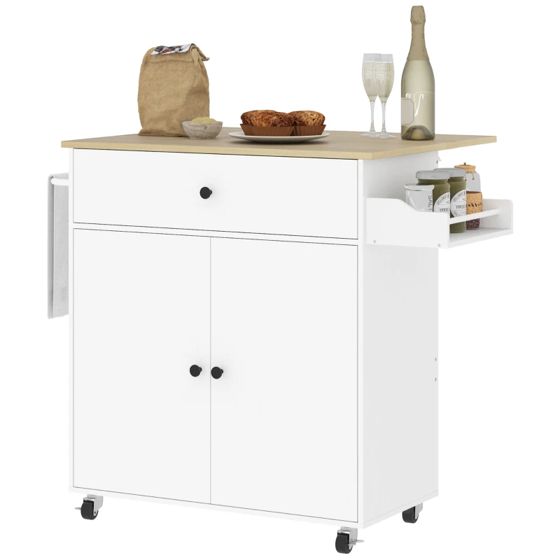 HOMCOM Desserte de cuisine sur roulettes, Îlot central cuisine - tiroir, étagère réglable, support à épices et porte-serviette