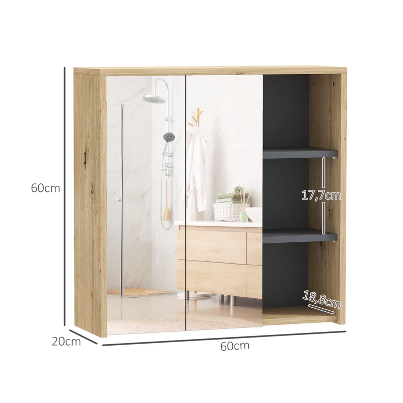 HOMCOM Armoire de salle de bain avec miroir armoire de toilette miroir mural 3 étagères ouverts 60 x 20 x 60 cm bois naturel