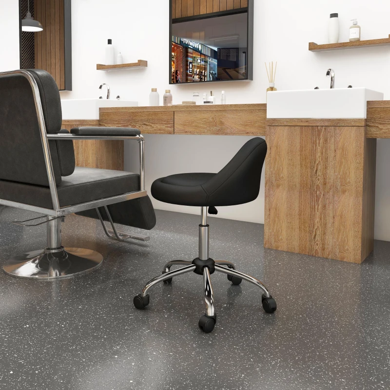 HOMCOM Sgabello con Ruote, Seduta Girevole, Altezza Regolabile e Rivestimento in Finta Pelle PU, Nero