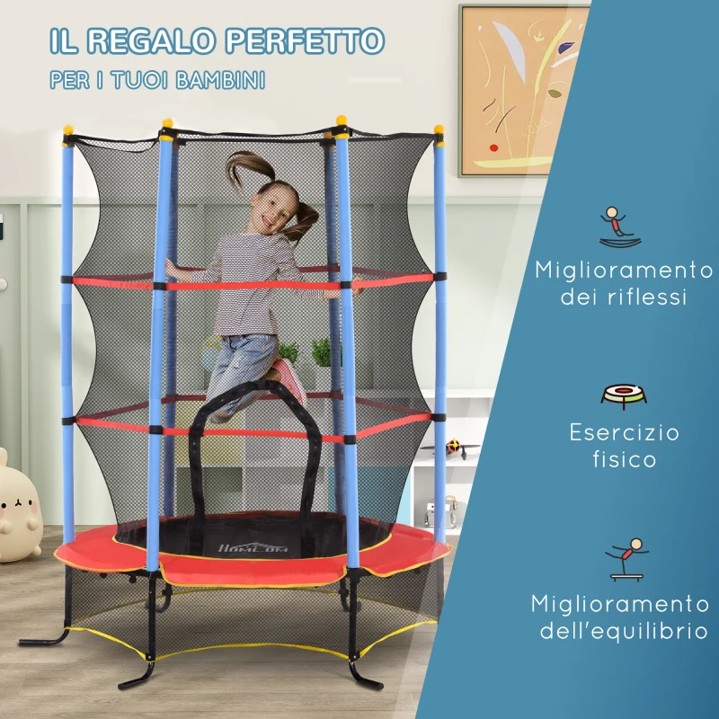HOMCOM Trampolino per Bambini con Tappeto Elastico, Rete di Sicurezza e Pali Imbottiti, Età 3-10 Anni, Blu