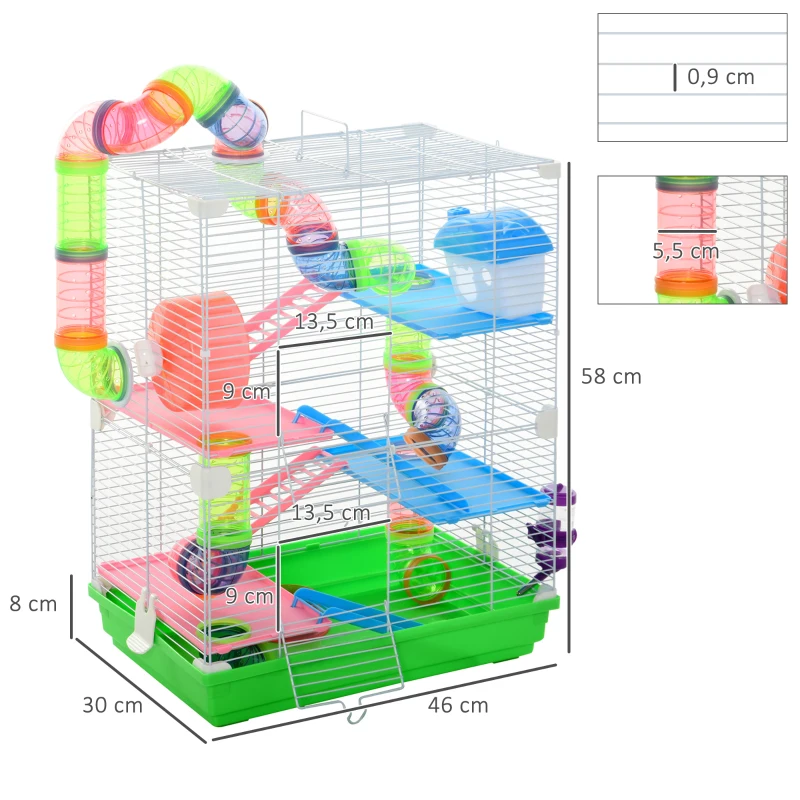 PawHut Cage pour hamster rongeur 4 étages avec tunnels mangeoire roue maison échelles dim. 46L x 30l x 58H cm vert(m-3)