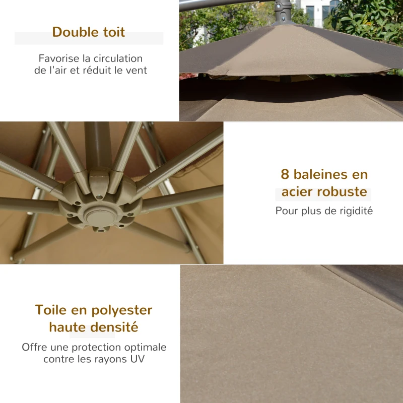 Outsunny Parasol déporté octogonal double toit inclinable manivelle avec pied en croix acier polyester Ø 2,67 x 2,65H m marron