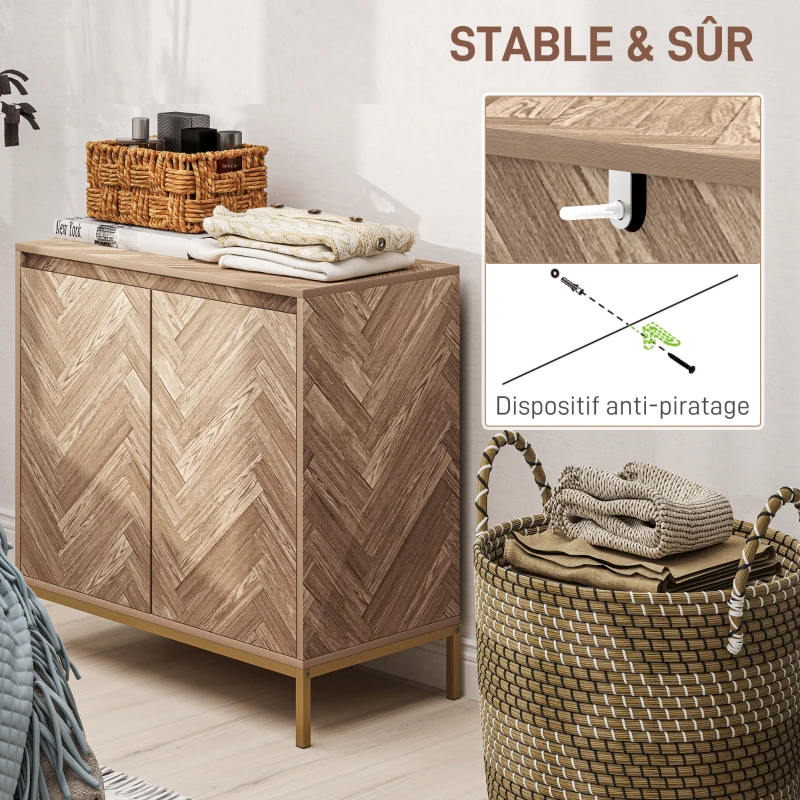 HOMCOM Meuble de rangement buffet avec 2 portes à chevrons, étagère réglable et pieds en acier, dim. 78 x 40 x 78 cm, chêne