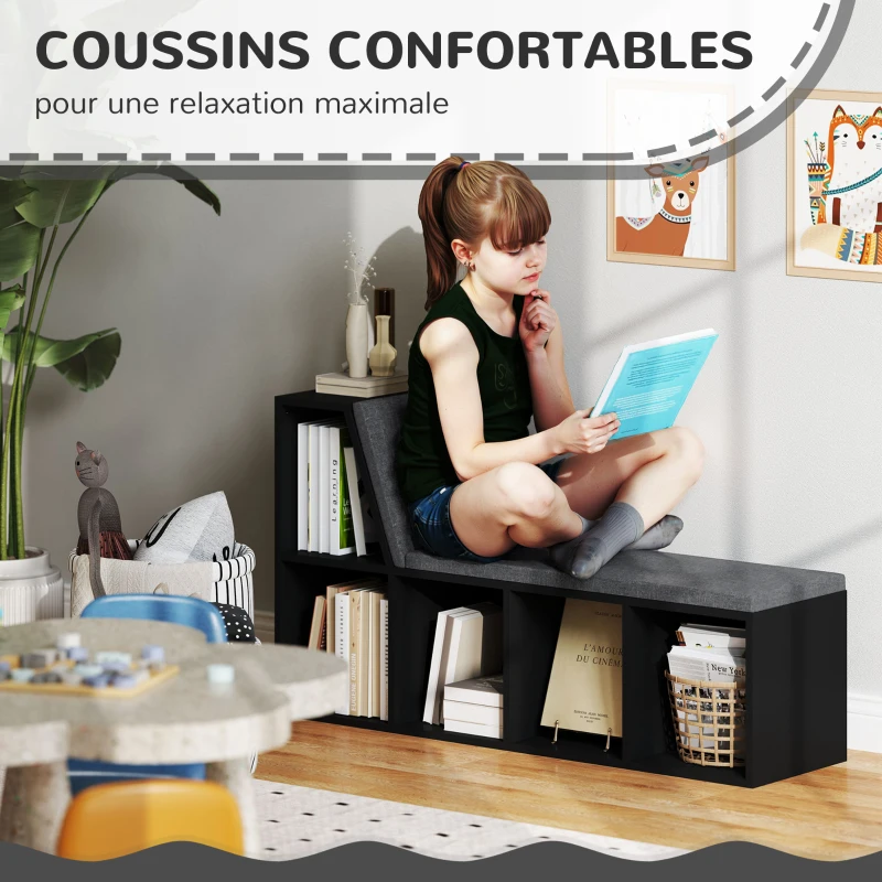 HOMCOM Bibliothèque banc 2 en 1 avec 5 compartiments de rangement et 2 coussins 108 x 30 x 60 cm noir gris