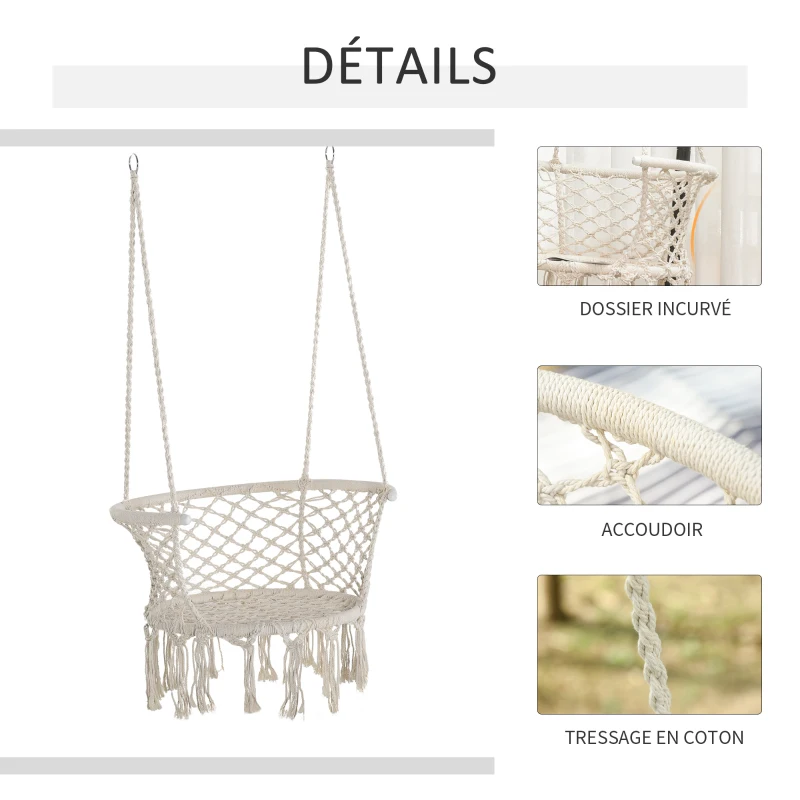 Outsunny Chaise Suspendue hamac de Voyage Portable dim. 80L x 60l x 36H m macramé Coton Polyester Beige