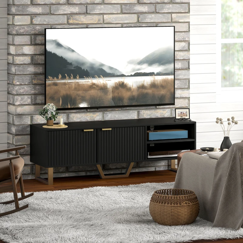 HOMCOM Meuble TV banc TV pour téléviseur jusqu'à 70 pouces - placard à 2 portes cannelées, compartiment ouvert et passe-câbles