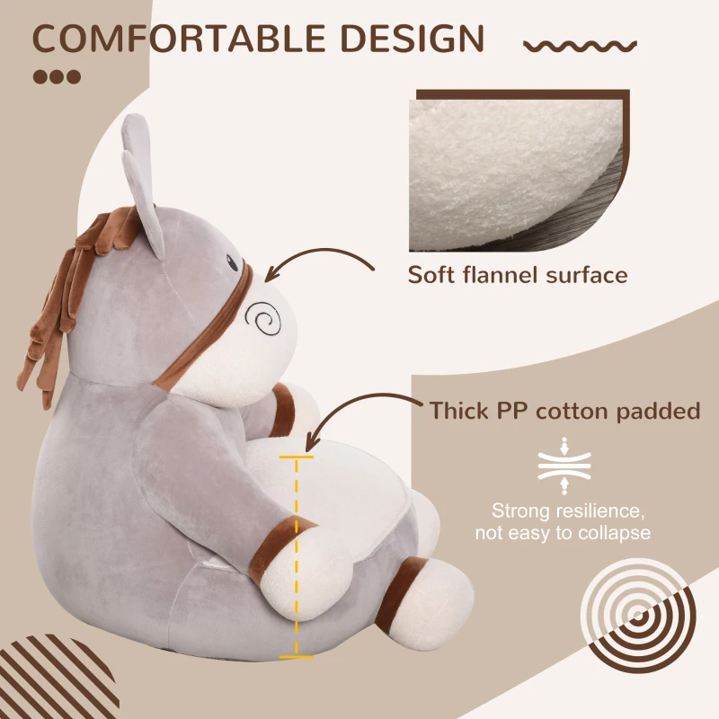 HOMCOM Animal Kids Sofa Chair Cartoon Cute Donkey Multi-functional with Armrest Flannel PP Cotton 60 x 55 x 60cm Grey