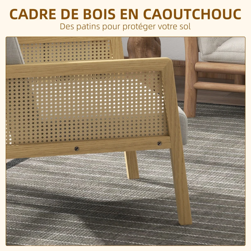 HOMCOM Fauteuil lounge chaise en rotin avec coussin - assise profonde accoudoirs en cannage - structure bois - aspect lin fris
