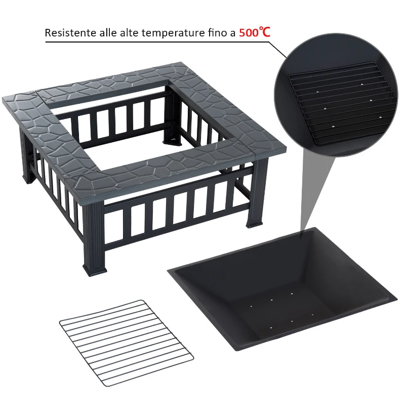 Outsunny Braciere da Giardino Quadrato con Coperchio e Copertura Antipioggia, 81x81x46cm