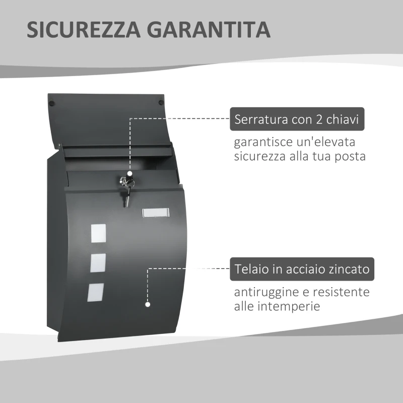 HOMCOM Cassetta Postale Ricurva in Acciaio con 3 Fessure e 2 Chiavi di Sicurezza 45x10x32 cm, Grigio