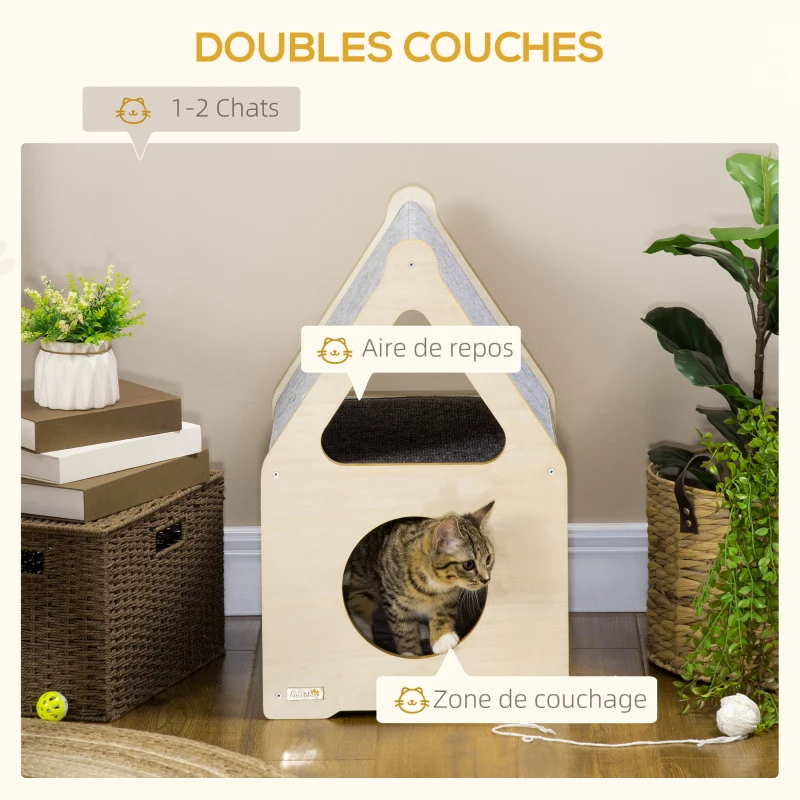 PawHut Niche pour chat 2 niveaux design scandinave avec tissu amovible et 2 coussins - 48 x 37,5 x 60 cm gris et bois naturel