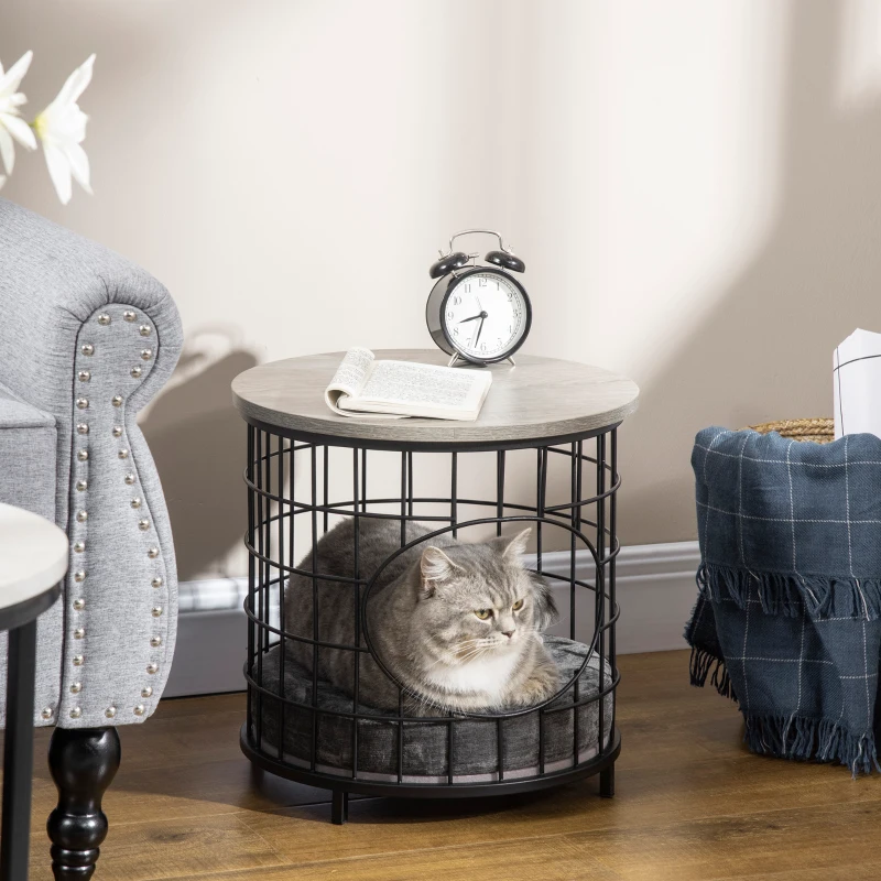 PawHut Mesa Auxiliar con 1 Orificio para Gatos Pequeños Estante Superior y Cojín 40x40x40 cm Negro y Gris