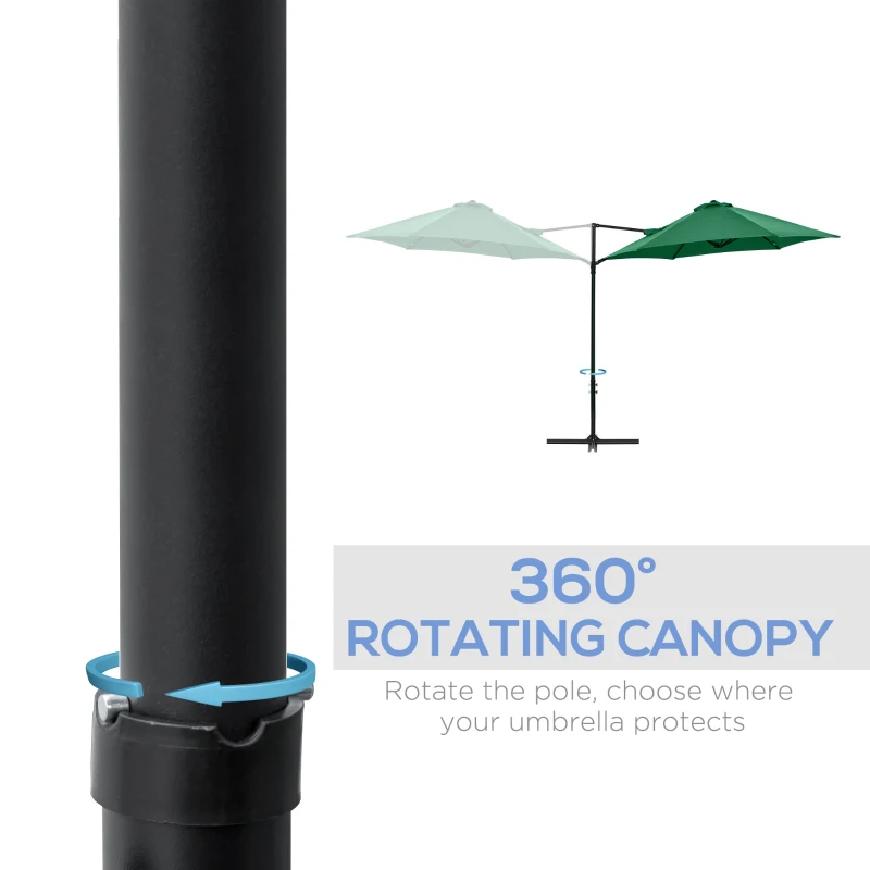 Outsunny 2.5M Garden Cantilever Parasol, Offset Roma Patio Umbrella Hanging Sun Shade Canopy Shelter with 360° Rotation and Cross Base, Green