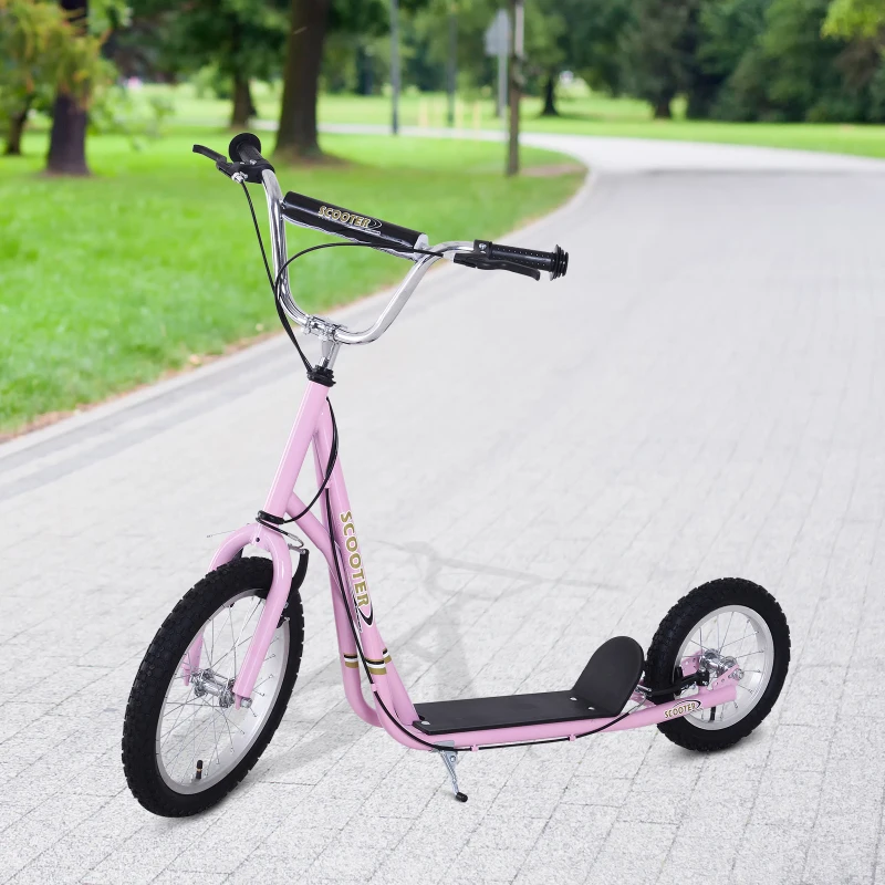 HOMCOM Trottinette patinette pour Enfants à partir de 5 Ans Grands pneus Guidon réglable poignée Frein et béquille Acier Rose