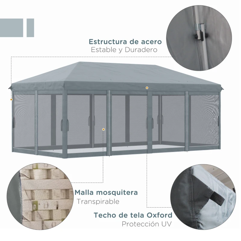 Outsunny Carpa Plegable Pop-Up Gazebo 6x3 m con 6 Paredes Laterales de Malla Anti-UV y Bolsa de Transporte Gris