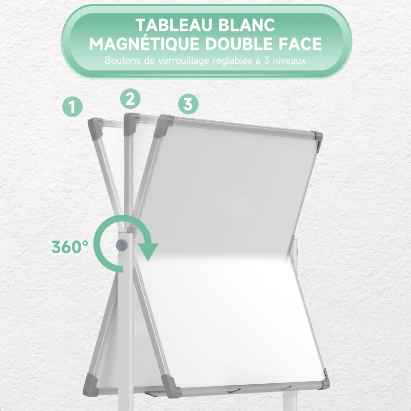 HOMCOM Tableau blanc magnétique double face effacable rotatif mobile avec support, aimants, marqueurs, gomme et roulettes