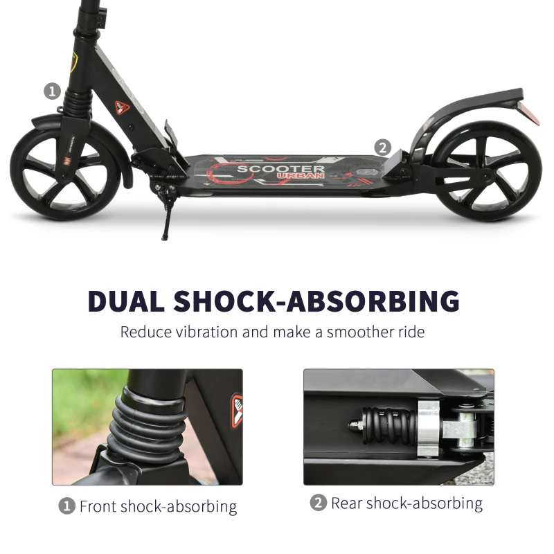 HOMCOM Folding Kick Scooter, Adjustable Ride On Scooter with 200mm Big Wheels and Double Shock Absorption, Urban Scooter for 14+ Teens Adult, Black