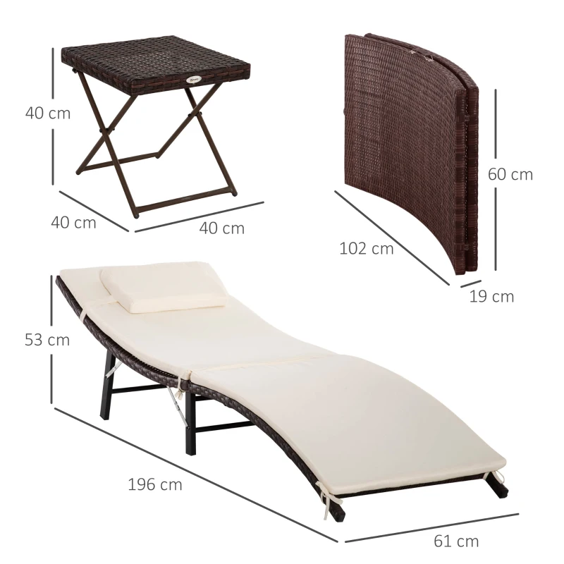 Outsunny Lot de 2 transats bains de soleil pliables grand confort : matelas, têtière + table basse résine tressée chocolat