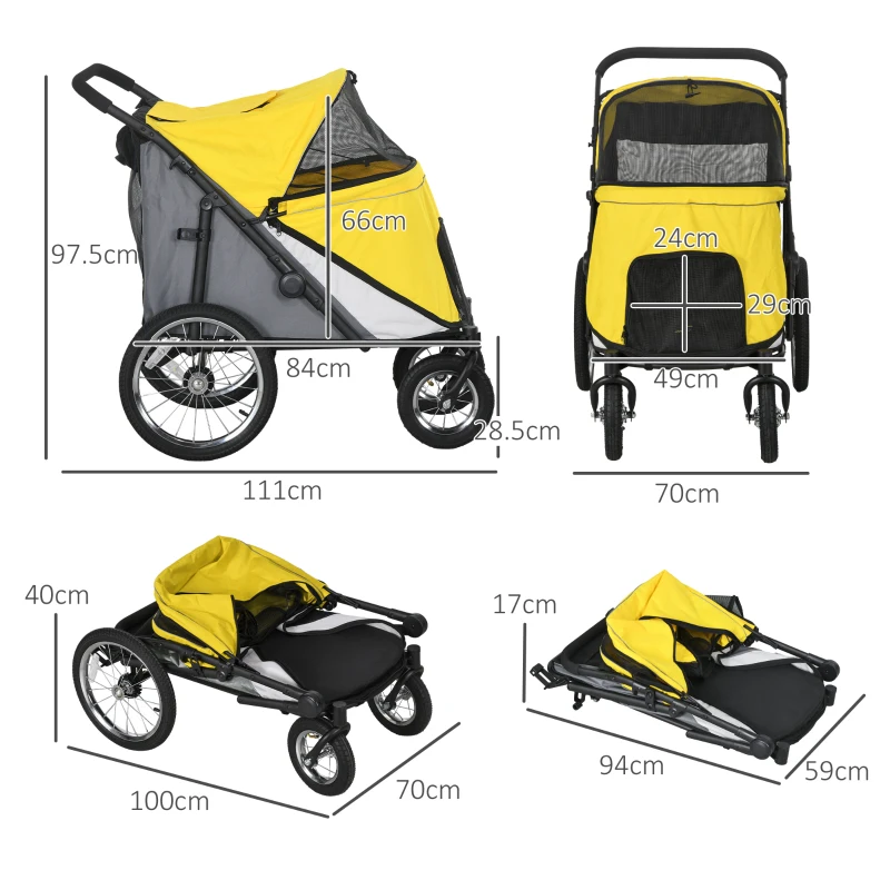 PawHut Foldable Pet Stroller, with Washable Cushion, Storage Bags, Safety Leash, for Medium, Large Dogs, Cats - Yellow