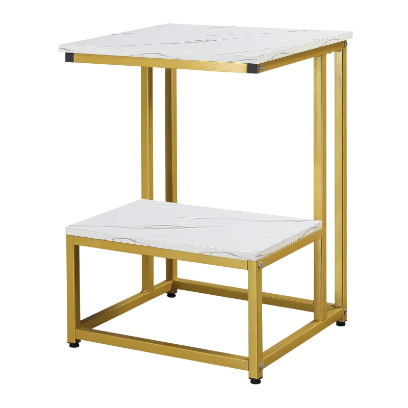 HOMCOM Side Table, Doule Layer End Table, Modern Coffee Table with Steel Frame and Adjustable Non-Slip Feet for Living room, Bedroom, White