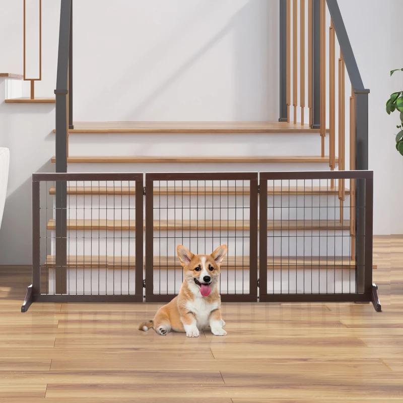 PawHut Freestanding Dog Gate 3 Panel Safety Pet Barrier Foldable w/ Support Feet Brown 185 x71 cm