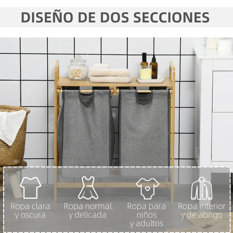 HOMCOM Cesto de Ropa Sucia de Bambú Cesto para la Colada con 2 Bolsas Extraíbles y Estante para Baño 63,5x33x73 cm Natural y Gris
