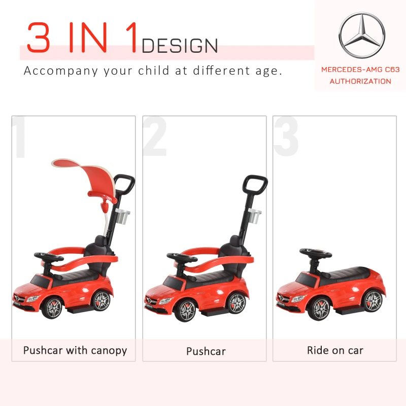 HOMCOM Compatible for 3 in 1 Ride on Push Car for Toddlers Pushcar Sliding Walking Car with Sun Canopy Horn Sound Safety Bar Cup Holder Toy for 1-3 Years Old Kids Red