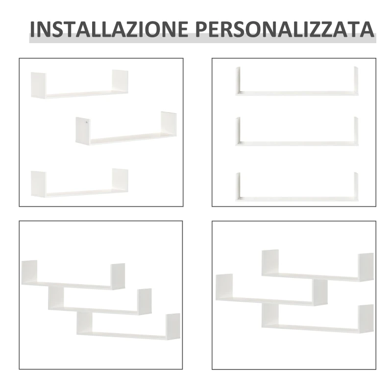 HOMCOM Set 3 Mensole da Parete Portaoggetti in Legno, 80x18x18 cm, Bianco