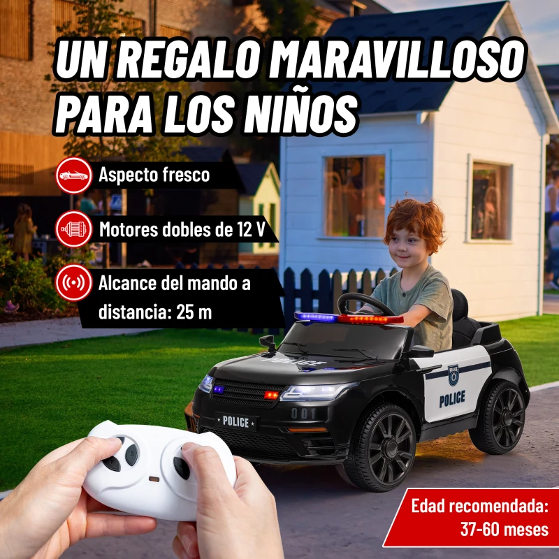 AIYAPLAY Coche Eléctrico Infantil de Policía con Batería 12V Mando a Distancia Faros Bocina Sirena Música Negro