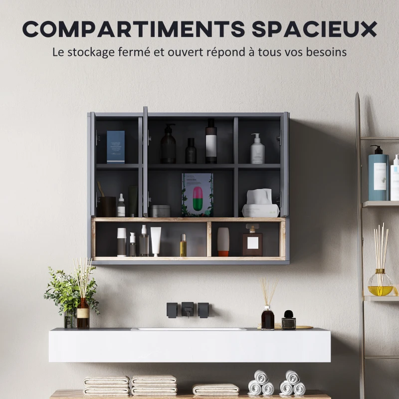 HOMCOM Meuble salle de bain avec miroir, armoire toilettes murale avec placards à 3 portes et 8 compartiments, gris(m-4)