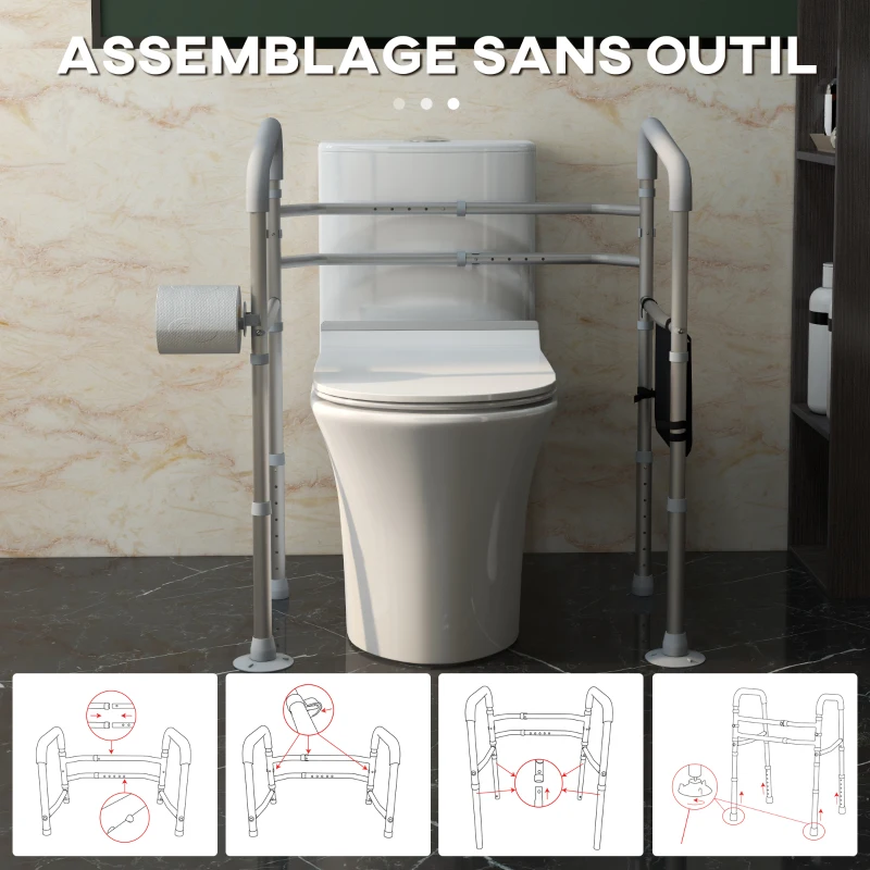 HOMCOM Cadre de toilettes accoudoirs largeur et hauteur réglables support de maintien avec pochette rangement gris